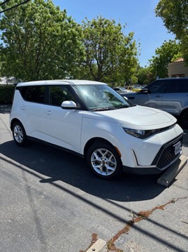 White compact SUV parked in a parking lot with trees and blue sky behind it.